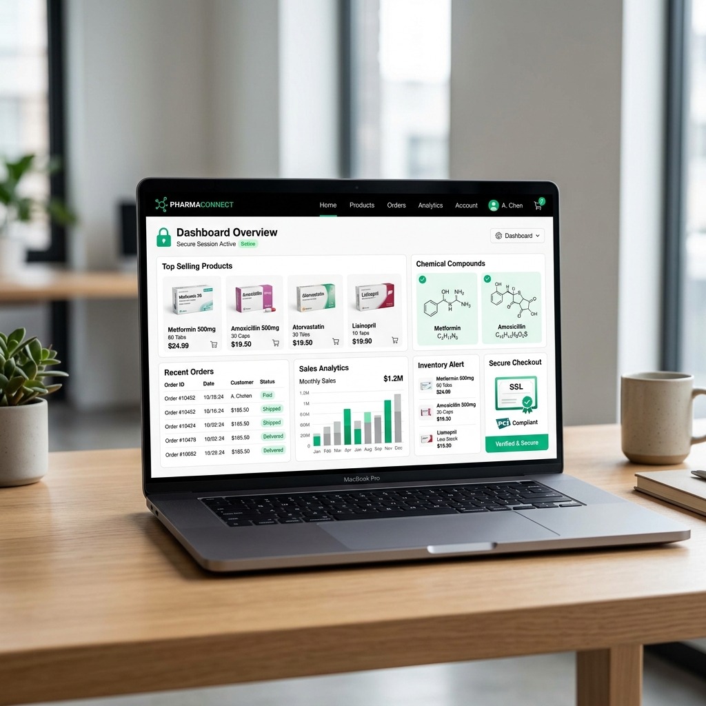 Futuristic pharma e-commerce catalog dashboard displayed on laptop screen