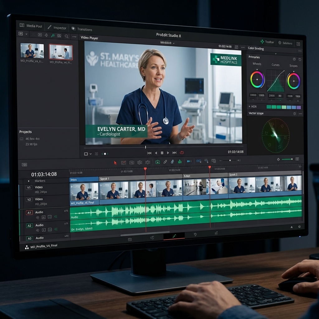 Sleek computer interface showing editing tools for doctor introduction video and visual assets